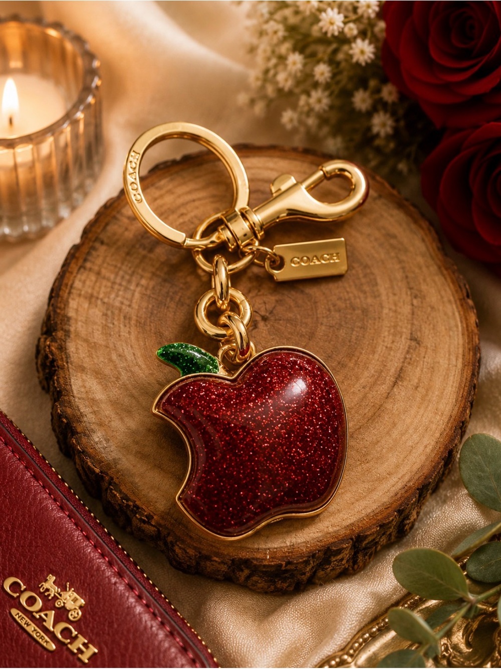 COACH Red Glitter Apple Key & Card Holder Charm with Green Leaf